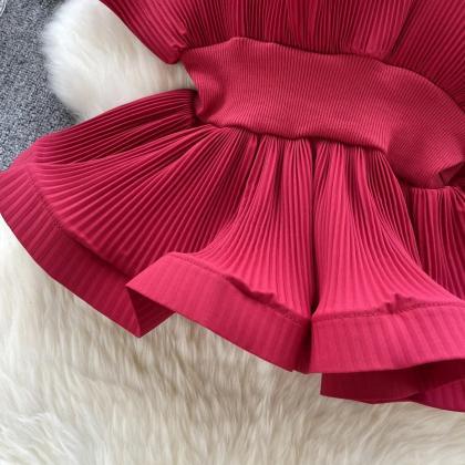 Womens Layered Ruffle Pleated Mini Dress In Red