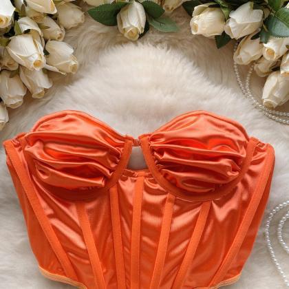 Orange Satin Corset Top With Pleated Bust Detail