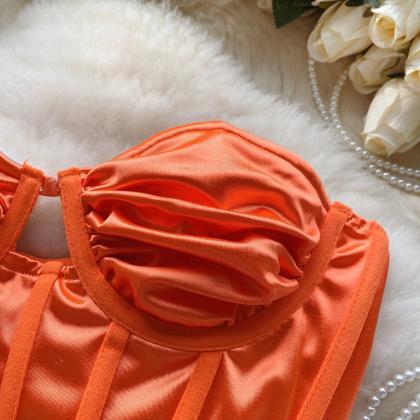 Orange Satin Corset Top With Pleated Bust Detail