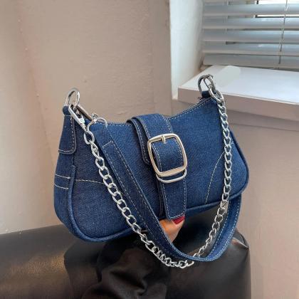 Chic Denim Saddle Bag With Silver Chain Strap