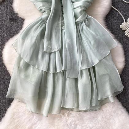 Elegant Mint Green Ruffled Dress With Bow Tie