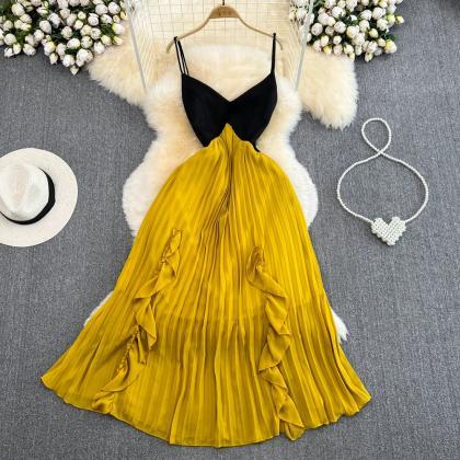 Elegant Black Top Pleated Mustard Maxi Dress Women