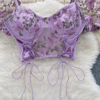 Womens Floral Lace-up Corset Top In Lavender