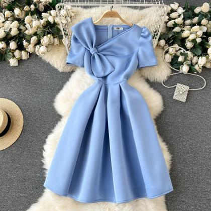 Elegant Blue Bow-knot Cocktail Midi Dress For..