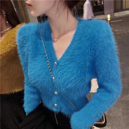 Womens Faux Fur Button-up Cardigan Cozy Jacket