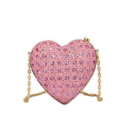 Sparkly Pink Heart-shaped Clutch With Gold Chain
