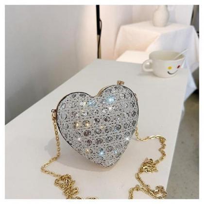 Sparkly Pink Heart-shaped Clutch With Gold Chain