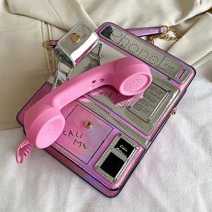 Novelty Pink Telephone Shaped Crossbody Bag Purse