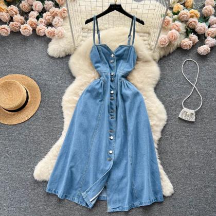 Womens Button-front Denim Midi Summer Dress With..