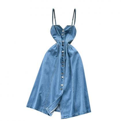 Womens Button-front Denim Midi Summer Dress With..