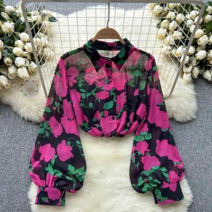 Elegant Floral Print Chiffon Blouse For Women