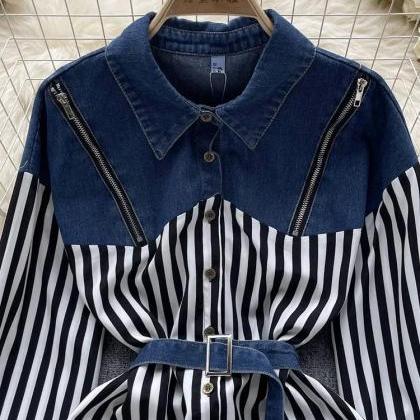 Womens Striped Belted Shirt With Denim Collar..