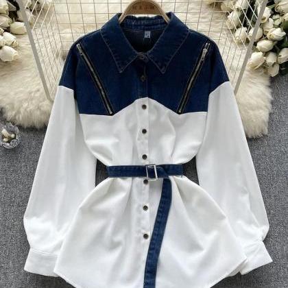 Womens Striped Belted Shirt With Denim Collar..