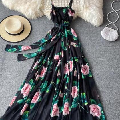 Elegant Floral Print Maxi Dress With Spaghetti..