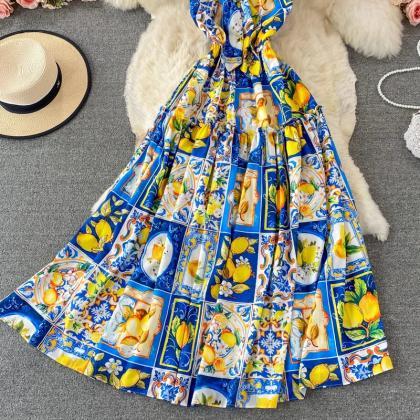 Womens Sleeveless Lemon Print Summer Midi Dress