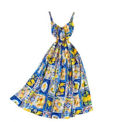Womens Sleeveless Lemon Print Summer Midi Dress