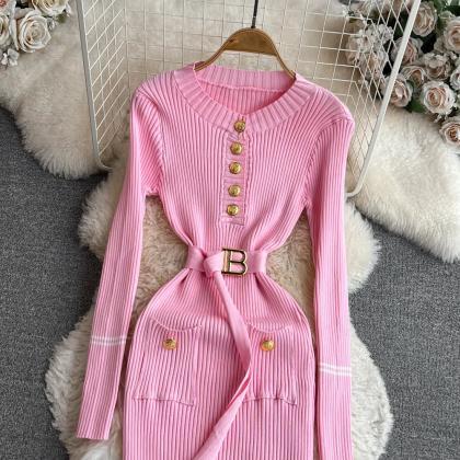 Elegant Long-sleeve Buttoned Pink Ribbed Dress..