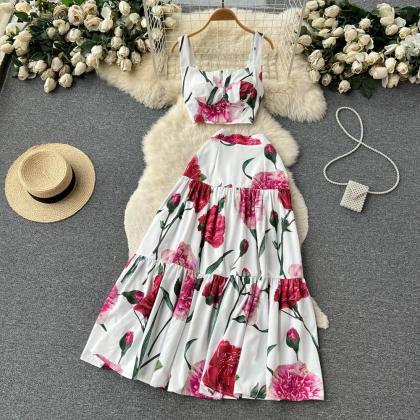 Elegant Summer Floral Print A-line Midi Dress