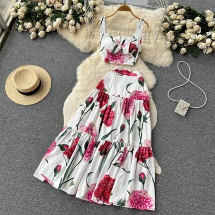 Elegant Summer Floral Print A-line Midi Dress