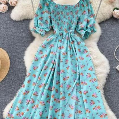 Womens Floral Puff Sleeve Square Neck A-line Dress