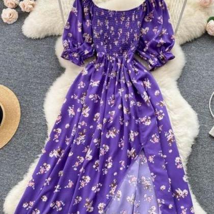 Womens Floral Puff Sleeve Square Neck A-line Dress