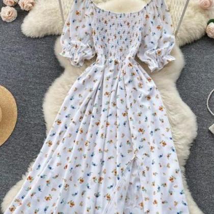Floral Cutout Square Neck Puff Sleeve Dress