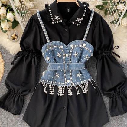 Embellished Pearl Denim Corset With White Puff..