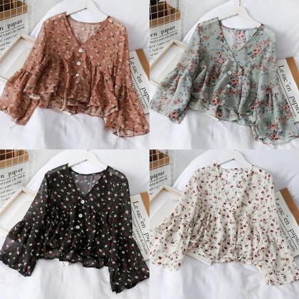 Womens Floral Print V-neck Bell Sleeve Blouse