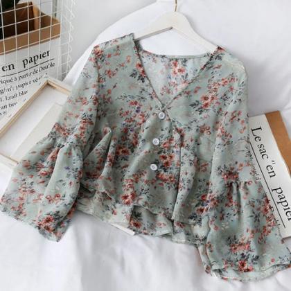 Womens Floral Print V-neck Bell Sleeve Blouse