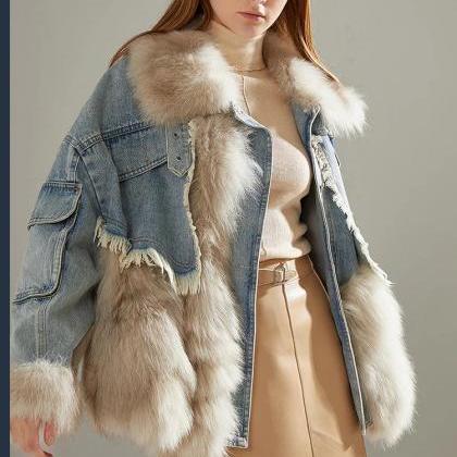Womens Faux Fur Collar Denim Jacket Winter Cozy
