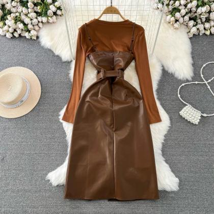 Elegant Long-sleeve Faux Leather Dress With Belt