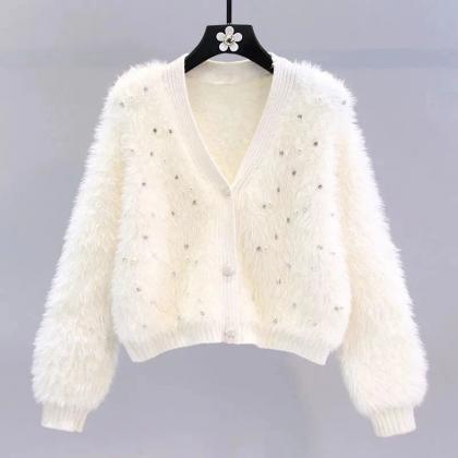 Girls Pink Furry Cardigan With Pearl..