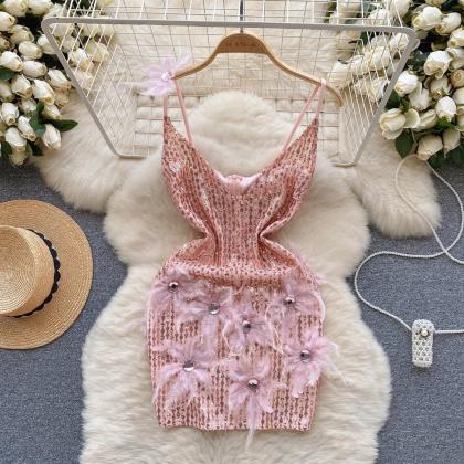 Womens Pink Sequined Floral Lace Sleeveless Party..