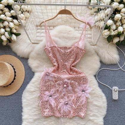 Womens Pink Sequined Floral Lace Sleeveless Party..