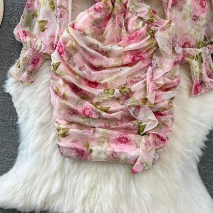Floral Print Chiffon Ruffle Dress For Spring Wear