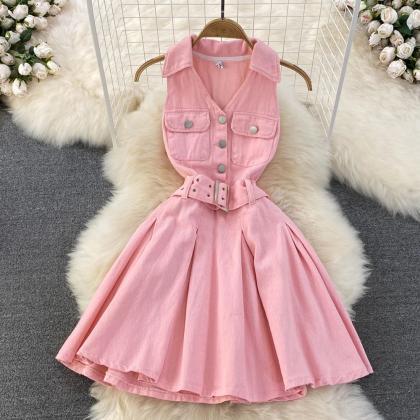 Womens Sleeveless Pink Denim Skater Dress With..