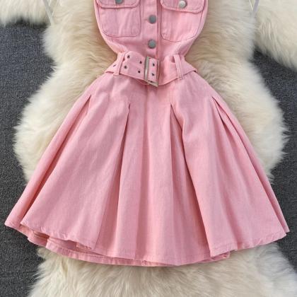 Womens Sleeveless Pink Denim Skater Dress With..