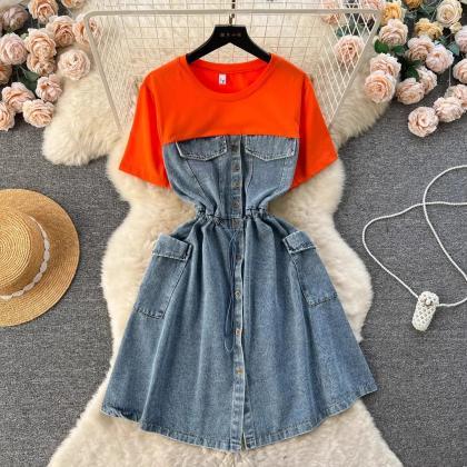 Womens Casual Orange T-shirt Denim Skirt Dress