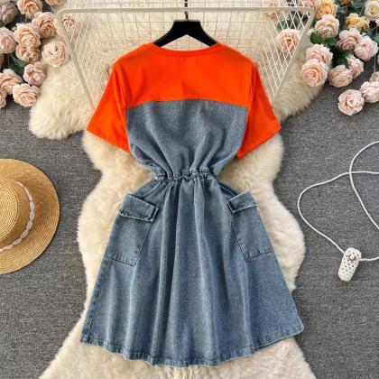 Womens Casual Orange T-shirt Denim Skirt Dress