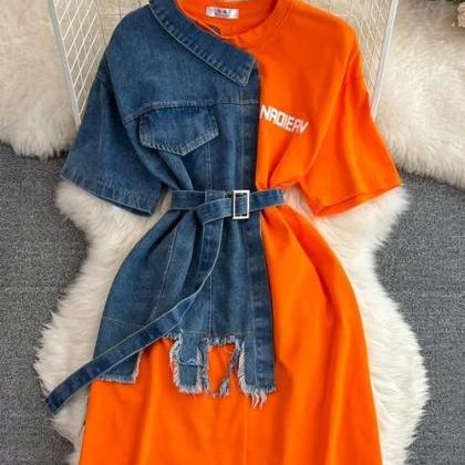 Womens Denim Jean Jacket And Orange T-shirt Dress