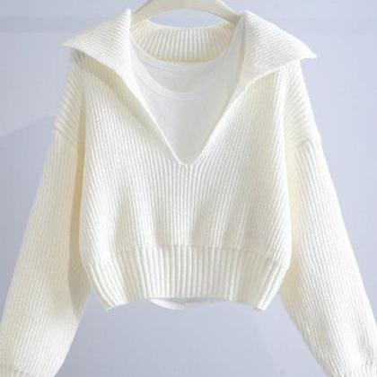 Womens Ribbed Knit Collar V-neck Cropped Sweater..