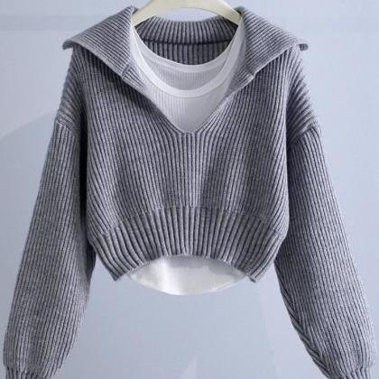 Womens Ribbed Knit Collar V-neck Cropped Sweater..