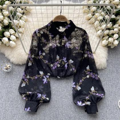 Womens Floral Print Sheer Button-up Blouse Elegant..