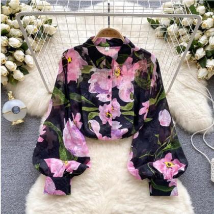 Womens Floral Print Sheer Button-up Blouse Elegant..