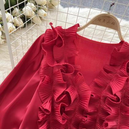 Elegant Red Ruffle Front Satin Blouse For Women
