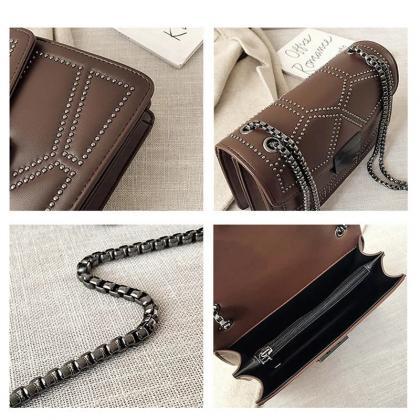 Elegant Studded Black Leather Crossbody Chain..