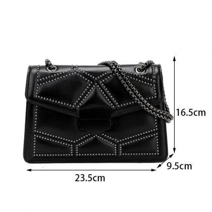 Elegant Studded Black Leather Crossbody Chain..