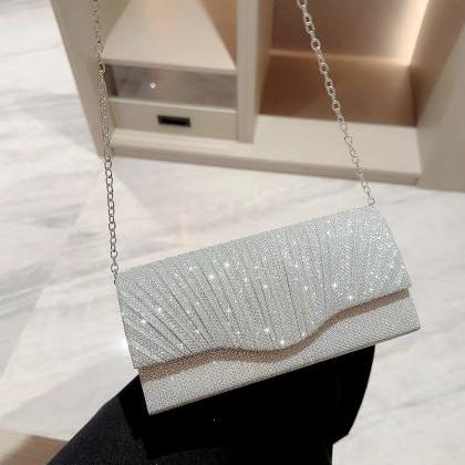 Elegant Silver Glitter Pleated Evening Clutch Bag