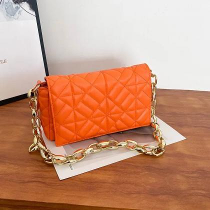 Quilted Orange Clutch Bag With Gold Chain Strap