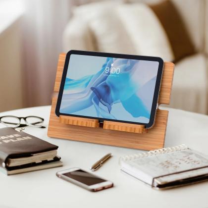 Bamboo Tablet Stand With Integrated Charging Dock